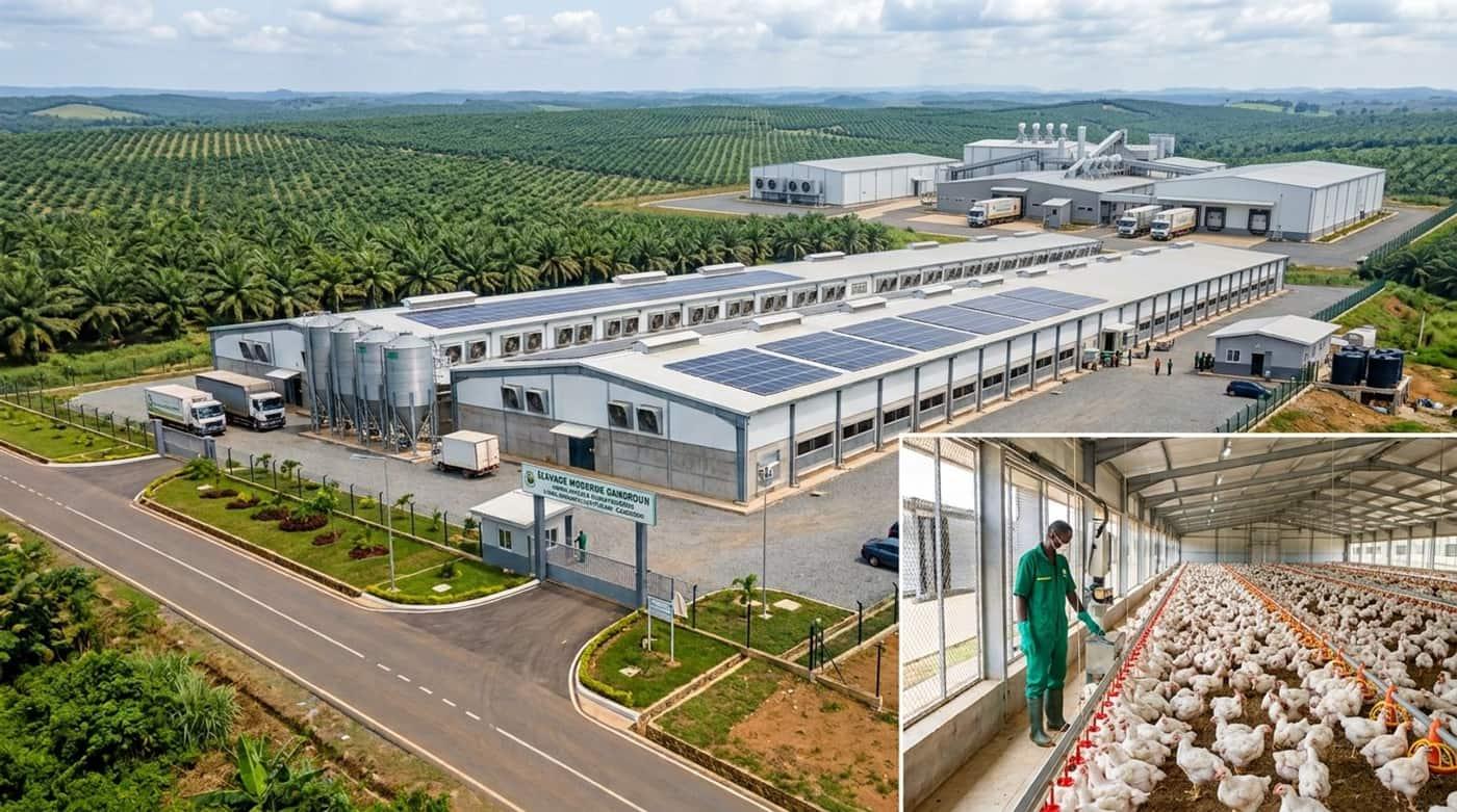 Unité d'élevage moderne intégrée à son terroir, illustrant le domaine animal
